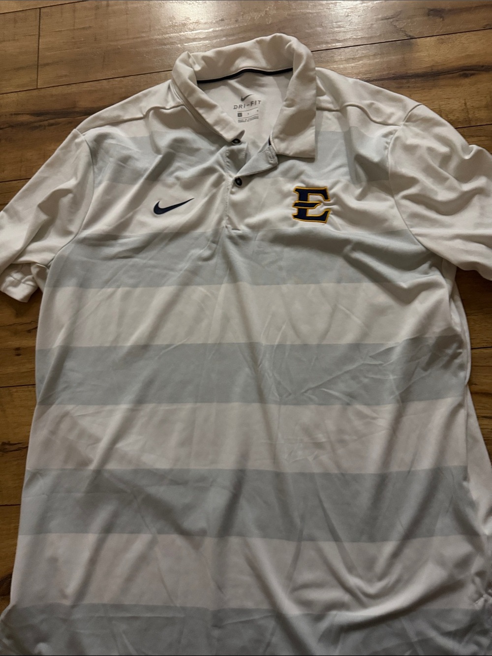Nike White Striped Dri-FIT Polo with Navy Swoosh and Gold E Patch